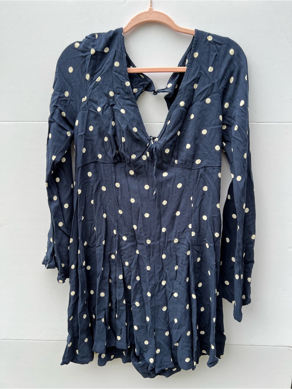 American Eagle Outfitters Navy Polka Dot Long-Sleeve Romper